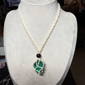 Handmade Cream Cord Necklace with Green malachite Stone Pendant